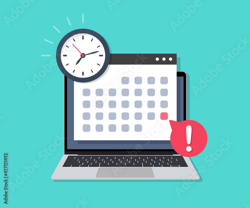 Laptop with deadline calendar date and clock in a flat design