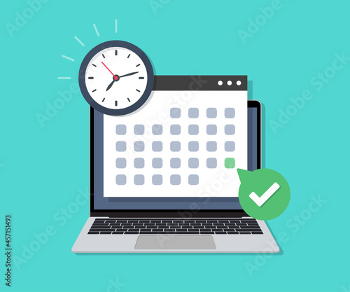 Laptop with deadline check calendar date and clock in a flat design