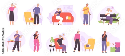 Senior people joint diseases, health problems, alzheimer and dementia. Elderly with heart ache, memory, hearing and vision lost vector set