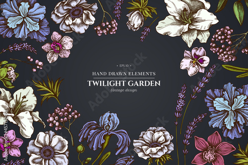 Floral design on dark background with anemone, lavender, rosemary everlasting, phalaenopsis, lily, iris