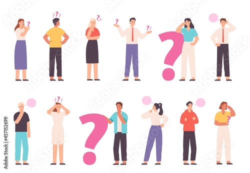Thoughtful people wondering, solving problem and thinking with question marks. Choice or decision concept with asking characters vector set photo
