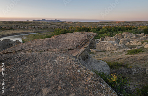 Sunrise over Writing on Stone Provincial Park and the Sweetgrass Hills in the Milk River Valley  Alberta  Canada