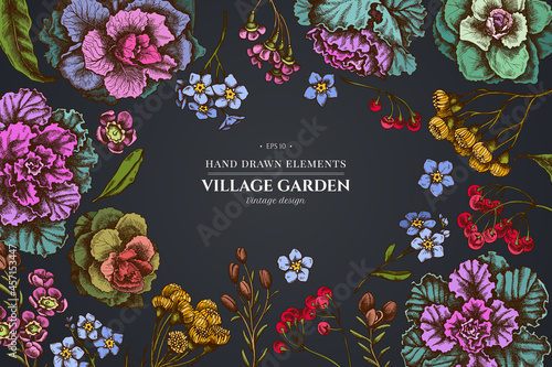 Floral design on dark background with wax flower, forget me not flower, tansy, ardisia, brassica, decorative cabbage