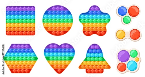 Trendy relaxing fidget toys pop it and simple dimple. Cartoon sensory bubble popping toy for kids. Rainbow antistress game shapes vector set