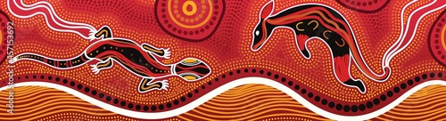 Aboriginal dot artwork with lizard and kangaroo