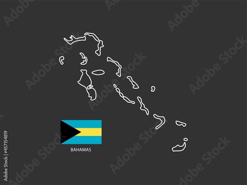 Bahamas map vector thin white line style on the black background and Bahamas flag in this vector.