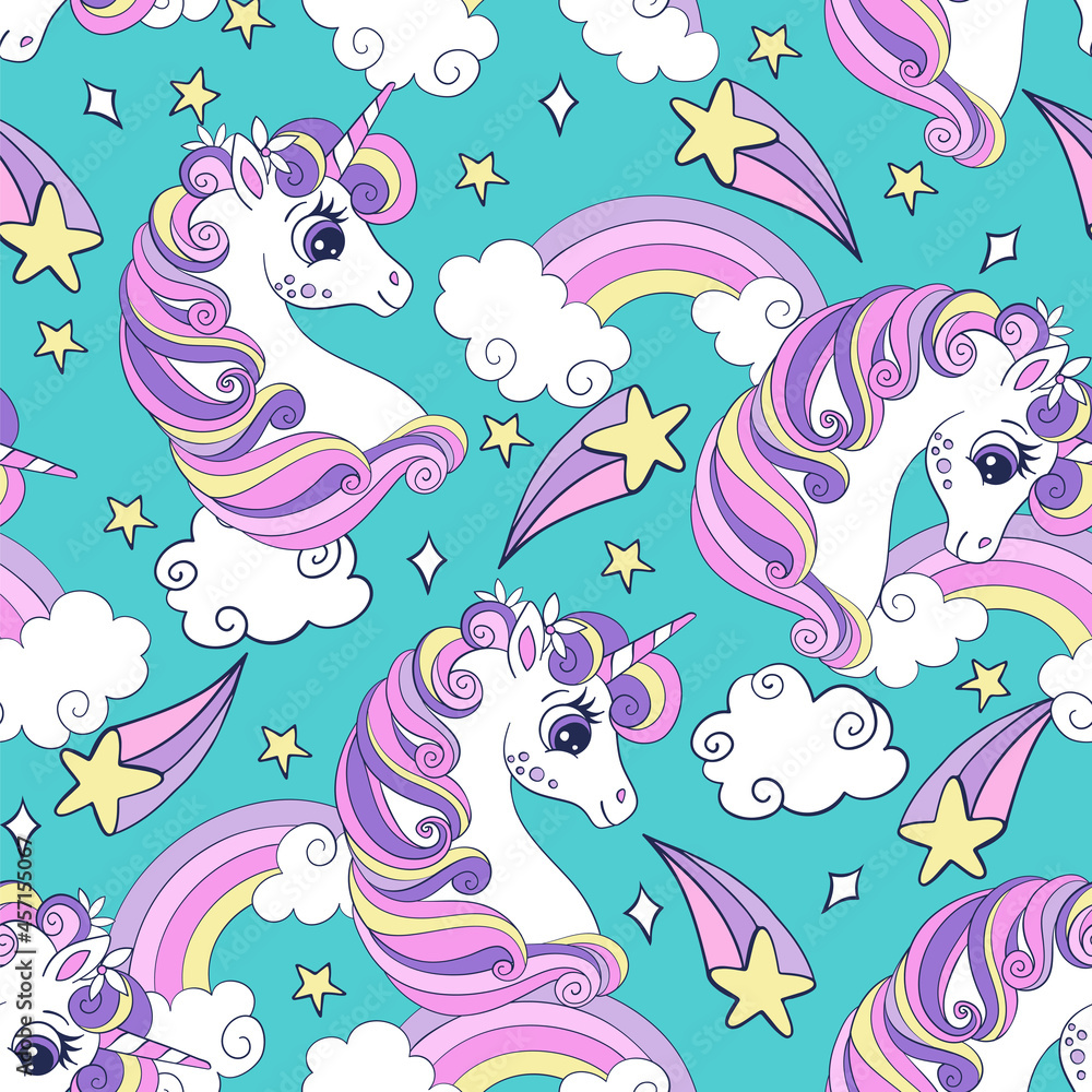 Fototapeta premium Seamless pattern with cute unicorns and comets vector