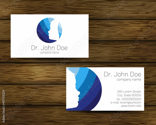 Psychology vector visit card Puzzle Autism Modern logo. Creative style. Design concept for Brand company. Blue color isolated on tree background. Symbol for web, print. vVsiting personal set