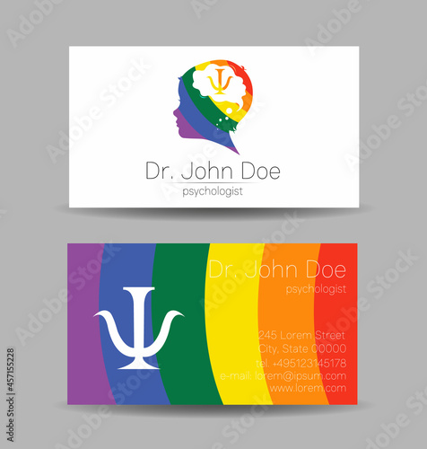 Psychology Vector Business Visit Card with Letter Psi Psy and Human Head in Profile. Modern logo Creative Colorful Rainbow style. Child Silhouette Design concept for Branding Identity