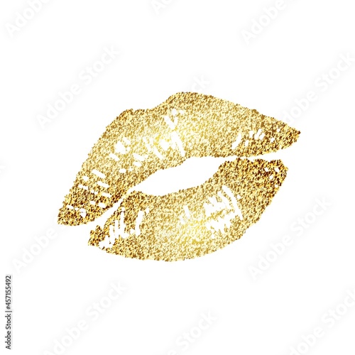 Illustration imprint of a kiss with gold glitter lipstick.