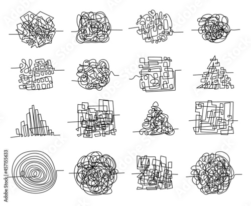 Chaos line scribbles and random tangled maze shapes. Pen doodle concept of messy thoughts, complicated problem and confused mind vector set