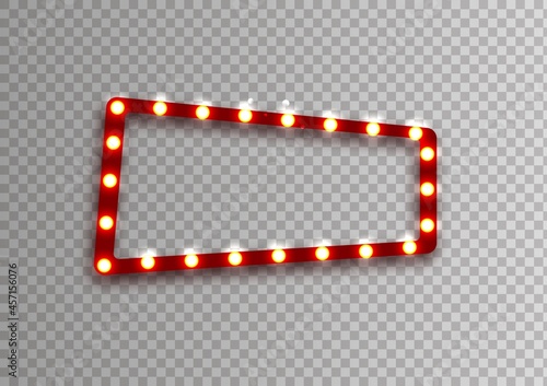 Red rectangular retro frame with glowing lamps. Vector illustration with shining lights in vintage style.