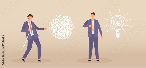 Business problem solving process concept with chaos and order line. Flat businessman character pull tangled wire into line bulb vector idea