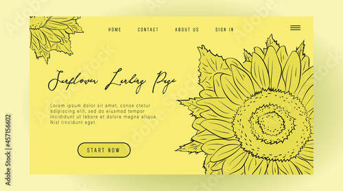 Golden sunflower landing page design. Hand drawn, ink solid outline. Natural tender, organic, soft.