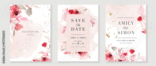 Pink and red rose floral watercolor wedding invitation vector set. Luxury background and template layout design for invite card, VIP invitation card and cover template.