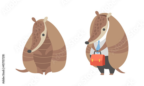 Cute Armadillo Character with Armor Shell Sitting and Standing in Office Suit with Briefcase Vector Set