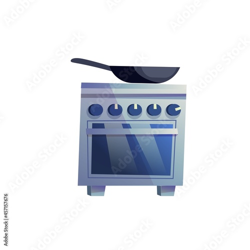 Vector flat cartoon frying pan on stove with oven isolated on empty background-modern home furniture,kitchen appliances interior elements concept,web site banner ad design