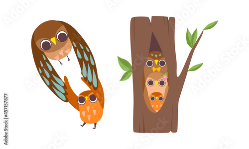 Happy Owl Family with Father, Mother and Baby Sitting in Tree Hollow and Flying Vector Set