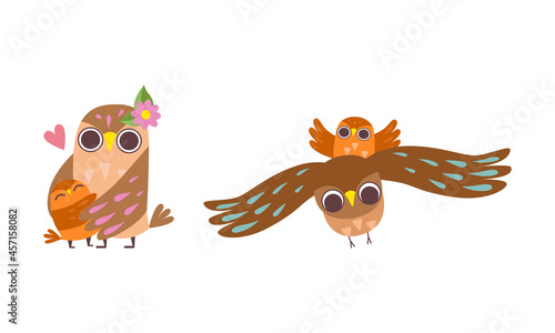 Happy Owl Family with Father  Mother and Baby Flying and Embracing Vector Set