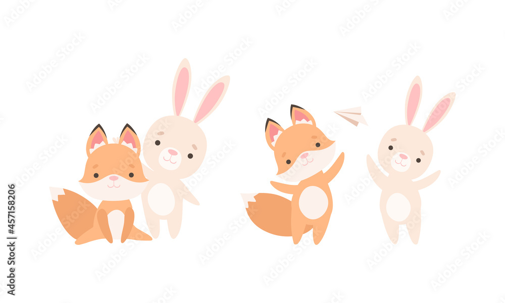 Pretty Little Bunny and Fox Cub Playing Together as Best Friends Vector Set Pretty Little Bunny and Fox Cub Playing Together as Best Friends Vector Set