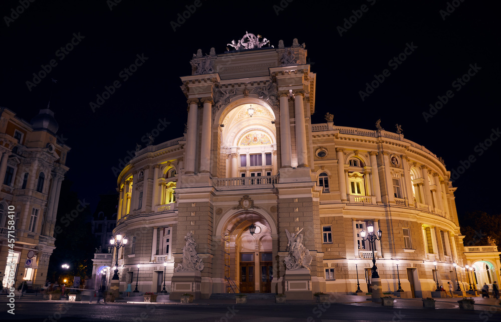 Night photo of National Opera and Ballet Theatre in Odessa Ukraine