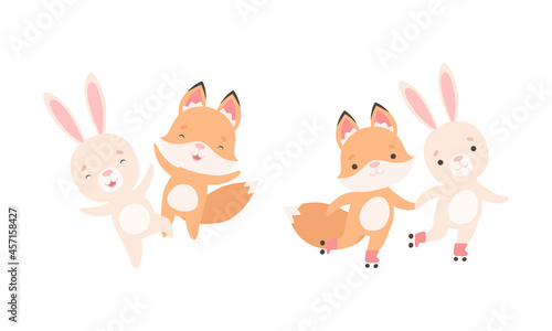 Pretty Little Bunny and Fox Cub Playing Together as Best Friends Vector Set