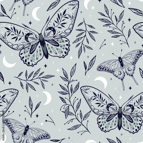 Elegant celestial seamless pattern with herbs. Boho magic background with gray space elements stars, butterflies. Vector doodle texture.