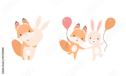 Pretty Little Bunny and Fox Cub Playing Together as Best Friends Vector Set