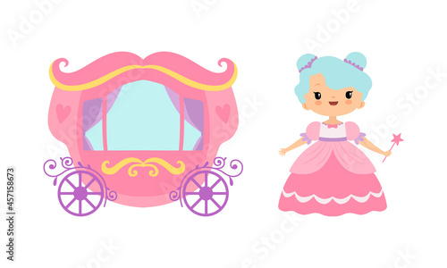 Royal Cinderella Carriage and Fairy in Pretty Dress with Magic Wand Vector Set