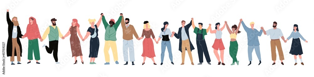 Obraz premium Vector cartoon flat happy smiling characters of different status and races holding hands-people equality,diversity and peace day,international friendship and solidarity social concept,web site design