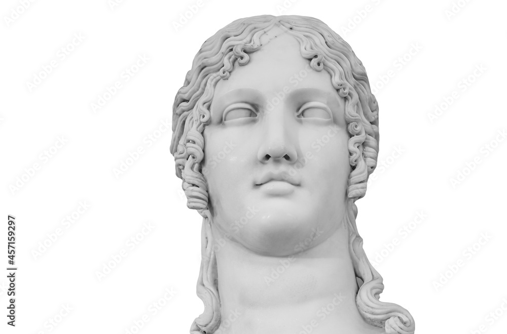 Gypsum copy of ancient statue Helen of Troy isolated on white background. Plaster sculpture woman face Gypsum copy of ancient statue Helen of Troy isolated on white background. Plaster sculpture woman face