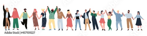 Vector cartoon flat happy smiling characters of different status and races holding hands-people equality,diversity and peace day,international friendship and solidarity social concept,web site design