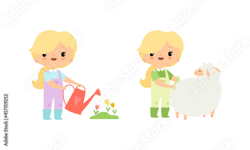Little Blond Girl in Jumpsuit at Farm Watering Flowers and Shearing Sheep Vector Set