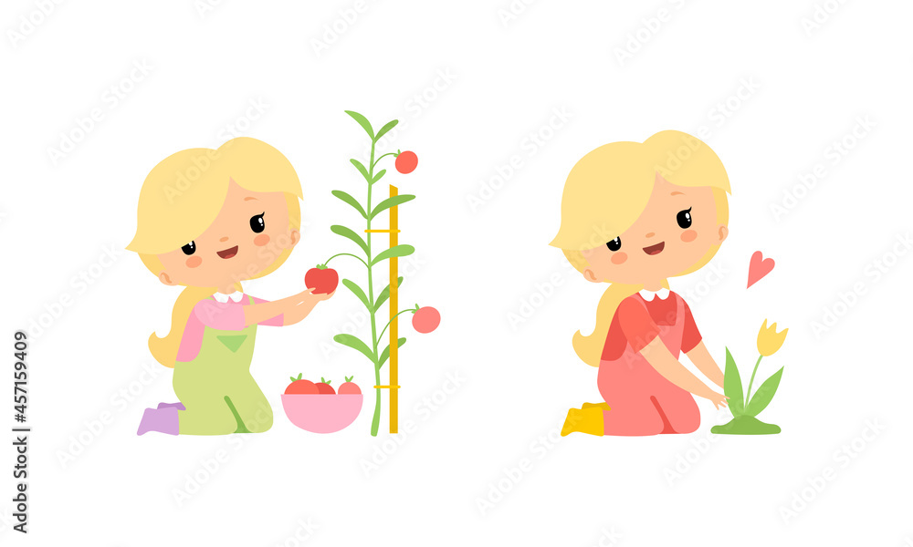 Little Blond Girl in Jumpsuit at Farm Caring About Tulip Flowers and Picking Tomato Vector Set Little Blond Girl in Jumpsuit at Farm Caring About Tulip Flowers and Picking Tomato Vector Set