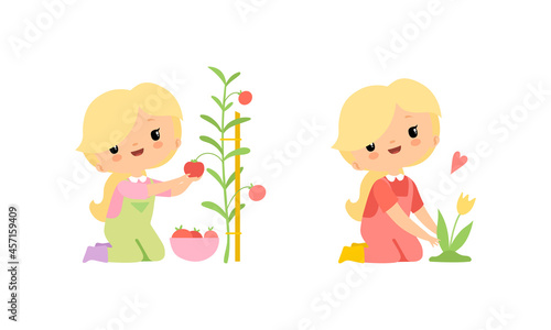 Little Blond Girl in Jumpsuit at Farm Caring About Tulip Flowers and Picking Tomato Vector Set