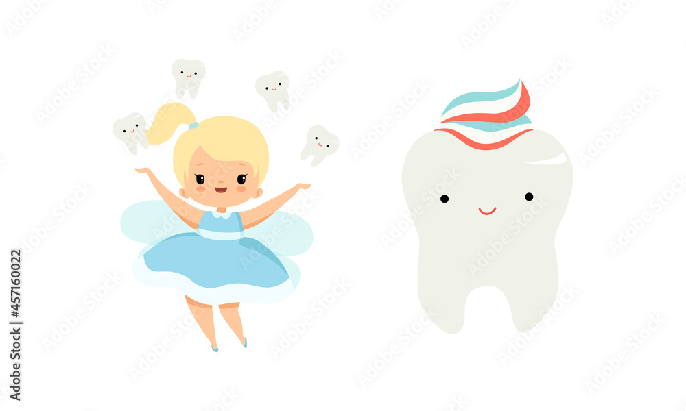 Cute Little Tooth Fairy with Blond Hair and Ponytail with First Baby Tooth Vector Set Cute Little Tooth Fairy with Blond Hair and Ponytail with First Baby Tooth Vector Set