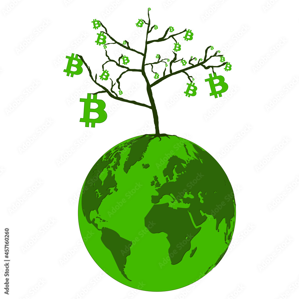 Bitcoin growth concept on planet Earth isolated on white. Tree with leaves from bitcoins. Vector illustration.