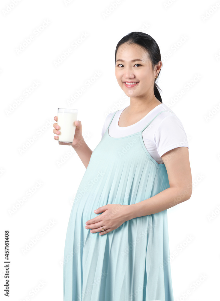 Young asian pregnant with glass of milk isolated on white background. Young asian pregnant with glass of milk isolated on white background.