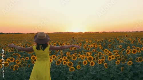 Wallpaper Mural Woman at sunset in a field of sunflowers raises her hands up holding a hat in her hand and putting it on her head. Young girl in a yellow dress in a field of sunflowers at sunset Torontodigital.ca