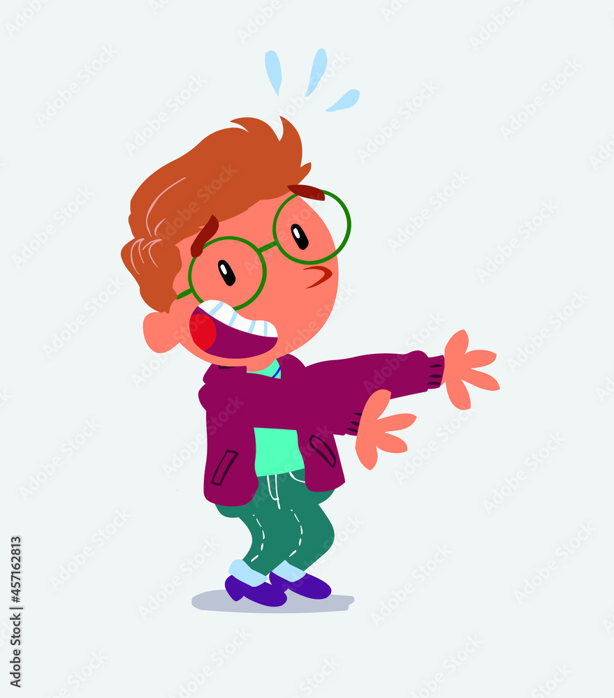 cartoon character of little boy on jeans laughing a lot while showing something. cartoon character of little boy on jeans laughing a lot while showing something.