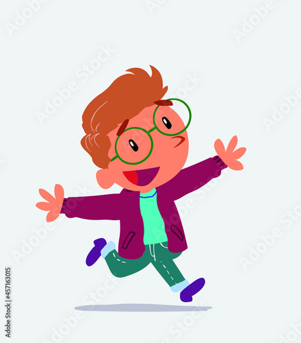 cartoon character of little boy on jeans running euphoric.