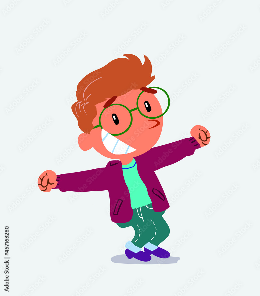 Euphoric little boy on jeans in funny cartoon character.