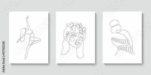 Set with 3 woman abstract one continuous line portrait. Modern minimalist style illustration for posters, t-shirts prints, avatars, postcard. Single line draw graphic design