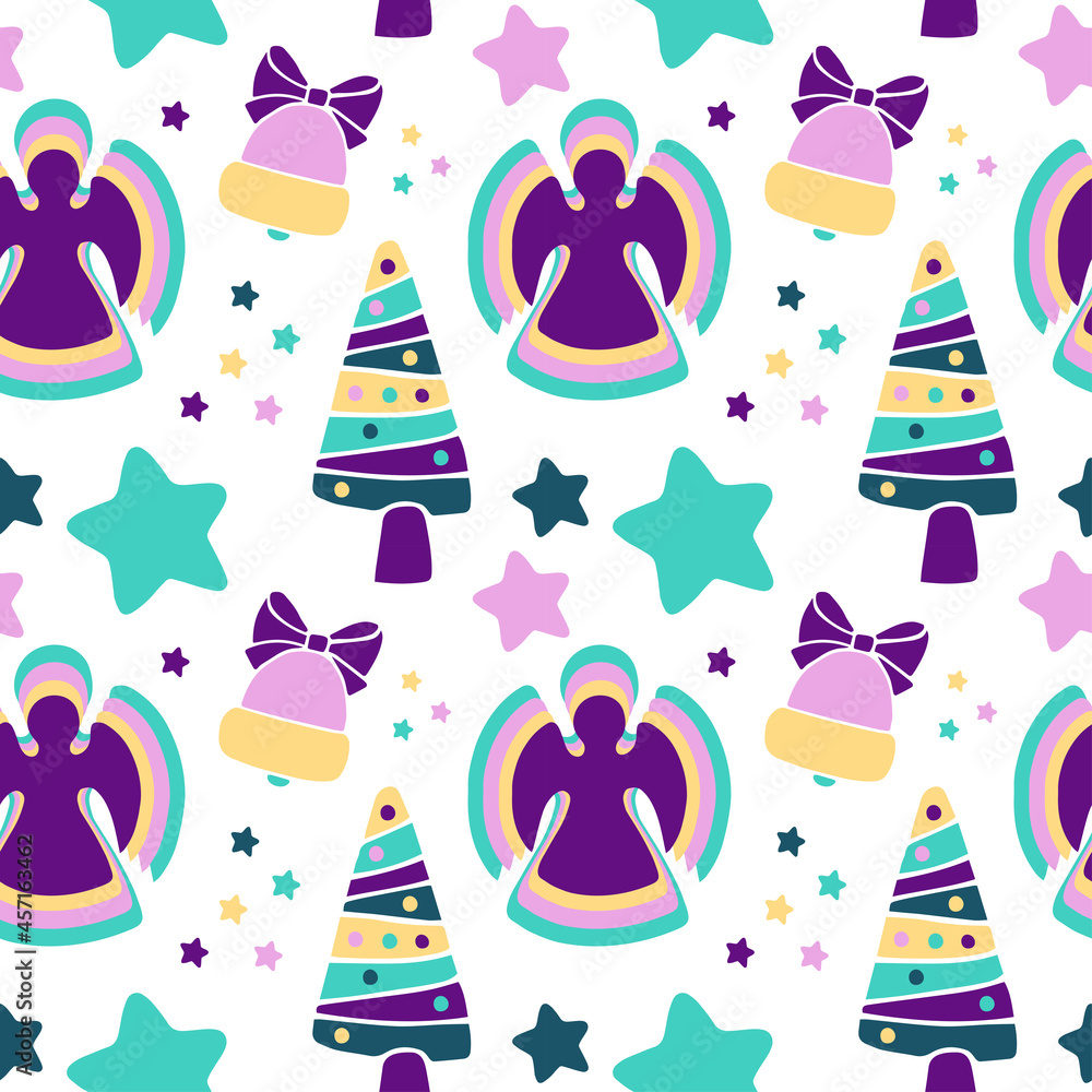 Seamless pattern with silhouettes of Christmas angels, new year trees, bells and stars on white background. Vector illustration.
