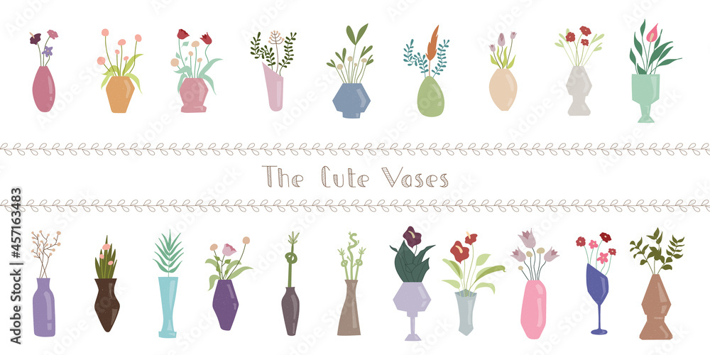 Collection of multicolored bright cute vase whith garden flowers isolated on white background. Set of hand drawn bouquets. Flat cartoon objects for wall poster, cards for kids room Collection of multicolored bright cute vase whith garden flowers isolated on white background. Set of hand drawn bouquets. Flat cartoon objects for wall poster, cards for kids room