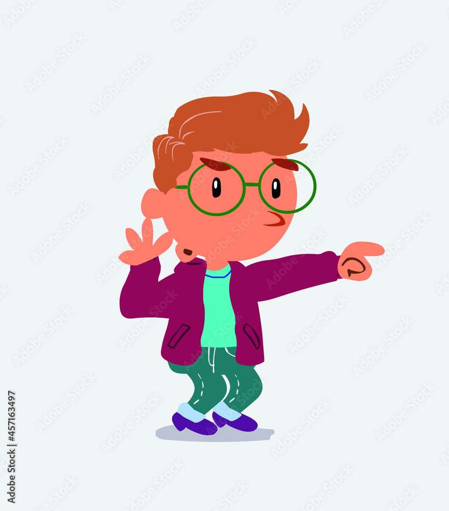 Surprised cartoon character of little boy on jeans points to something. Surprised cartoon character of little boy on jeans points to something.