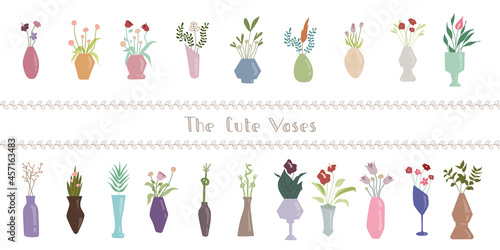 Collection of multicolored bright cute vase whith garden flowers isolated on white background. Set of hand drawn bouquets. Flat cartoon objects for wall poster, cards for kids room
