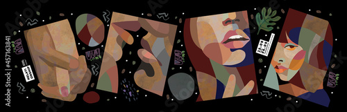 Abstract art. Vector illustration of man and woman couple relationship, kiss, handshake, sex, hug, passion. Painted objects for poster, banner or background