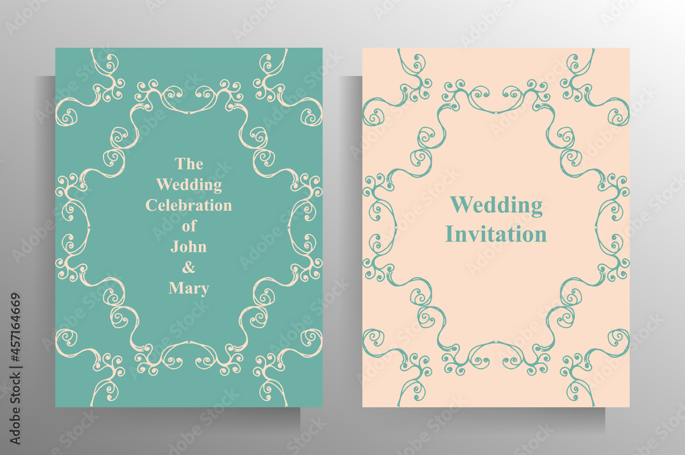 Design wedding invitation template set. Pastel illustration with hand drawn graphic elements. Vector.