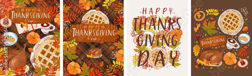 Thanksgiving Day. Vector illustrations of a festive table with a pie, pumpkin, turkey and objects for a card, background, invitation or poster.